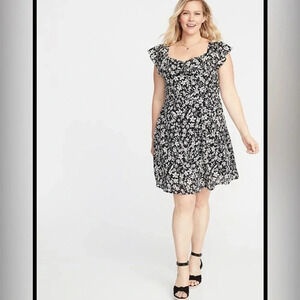 Old Navy Black/White Ruffled Fit & Flare Cami Dress XL F27